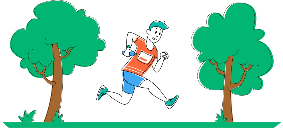 Happy Man In Sports Wear And Water Bottle In Hand Running In Park Summer Outdoor Sport Activity Jogging Sports Healthy Lifestyle Sportsman Character Morning Exercising Linear Vector Illustration Illustration