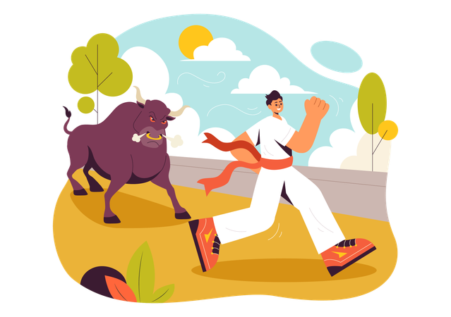 Man running in Festival Of Bulls  Illustration