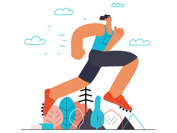 Runner Sprint Run Track And Field Athlete Flat Vector Concept Illustration Of A Young Man Wearing Boots Running At The Sadium Healthy Activity And Lifestyle Park Trees Hills Landscape At Dawn Illustration