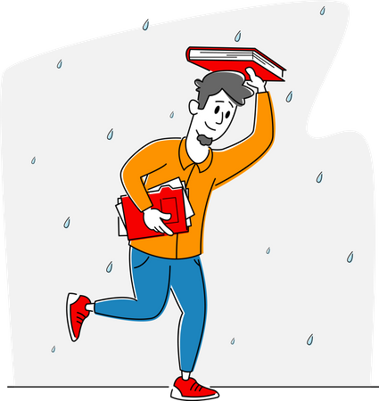 Man Running in Rain Covering Head With Book Illustration