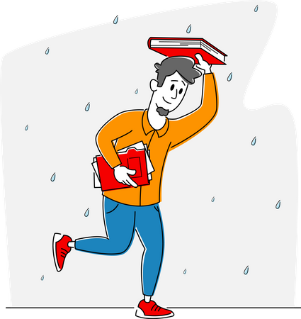 Man Running in Rain Covering Head With Book  Illustration