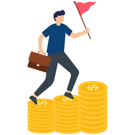 Man running on money stack and achieve Financial goal Illustration