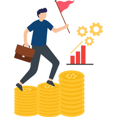 Man running on money stack and achieve Financial goal  Illustration