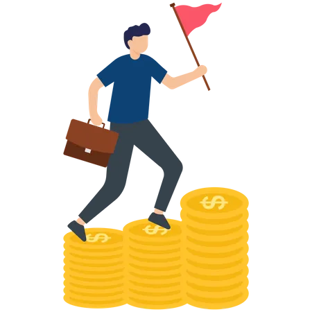 Man running on money stack and achieve Financial goal  Illustration