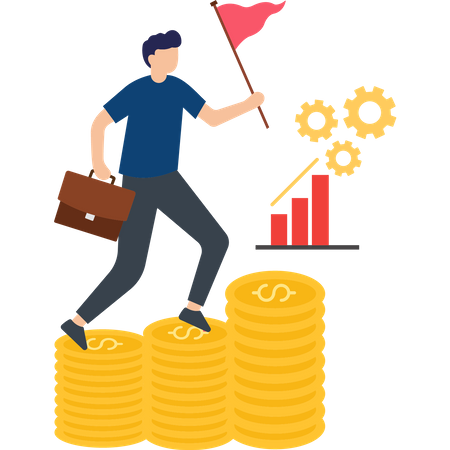 Man running on money stack and achieve Financial goal  Illustration