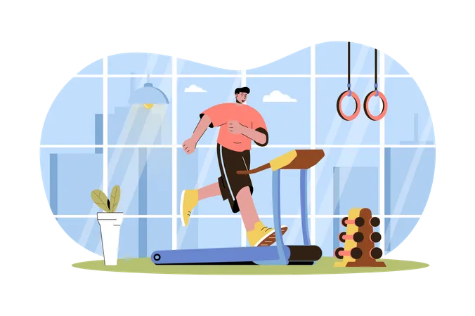 Fitness Web Character Concept Man Running On Treadmill Athlete Doing Cardio Workout In Gym Sport Exercising At Club Isolated Scene With Persons Vector Illustration With People In Flat Design Illustration