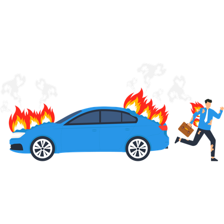 Man running out of burning car  Illustration