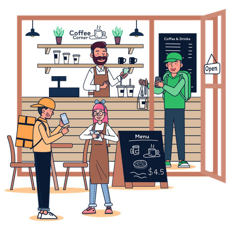 Man running small coffee shop  Illustration