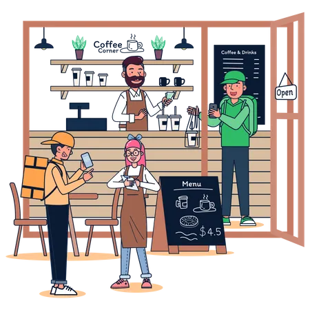 Man running small coffee shop  Illustration