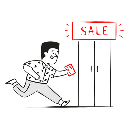 Man running to store for shopping sale  Illustration