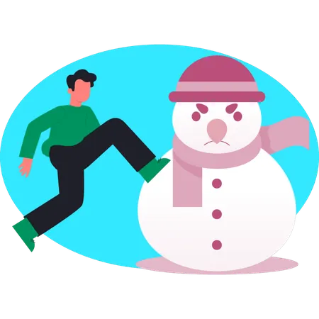 Man running to words angry snowman  Illustration