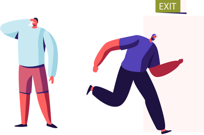 Man running towards fire exit door Illustration