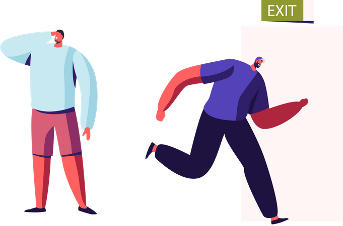 Man running towards fire exit door  Illustration