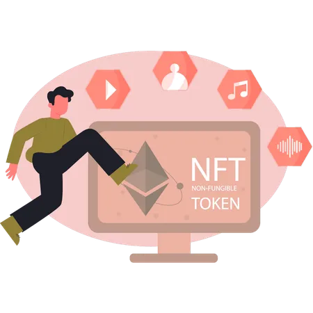 Man running towards NTF token  Illustration