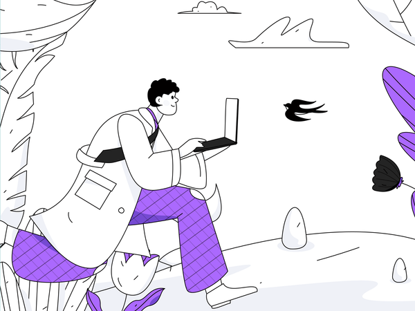 Man running while holding laptop  Illustration