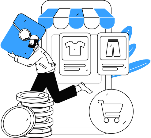 Man running with Chinese envelope while doing online shopping  Illustration