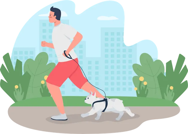 Man running with dog on leash  Illustration