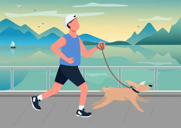 Man Running With Dog On Seafront Flat Color Vector Illustration Person Walking Puppy At Seaside Quay Guy And Domestic Animal 2 D Cartoon Characters With Coastline At Sunset On Background Illustration