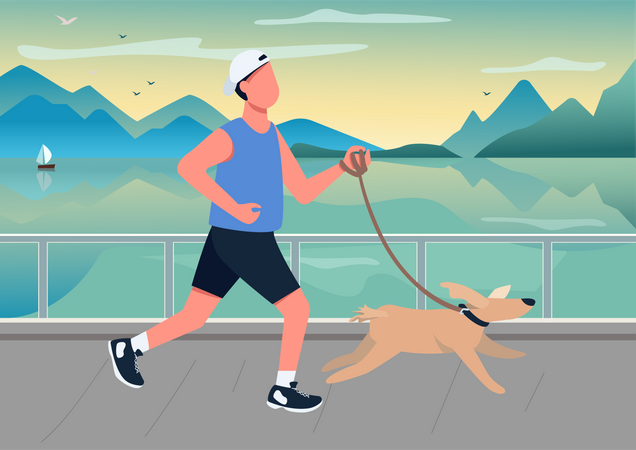 Man running with dog on seafront  イラスト