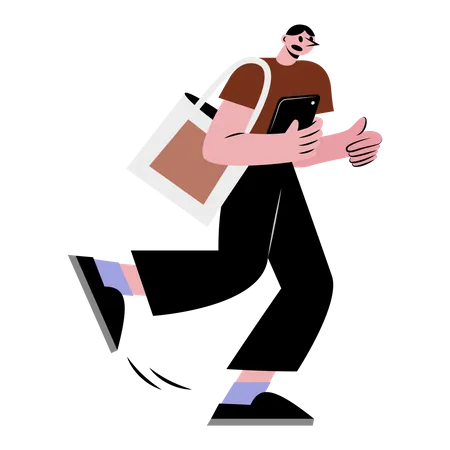 Man Running With Tablet Vector Illustration In Flat Color Design Illustration