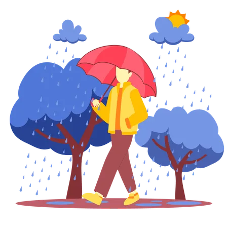 Man running with umbrella in rain  Illustration