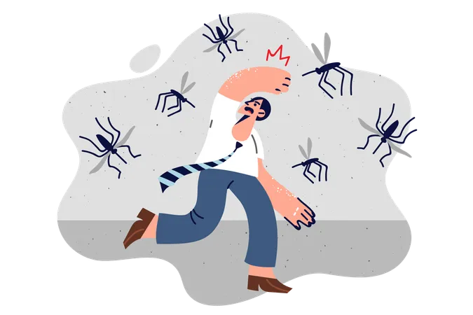 Runs Away From Swarm Of Mosquitoes Fearing Being Bitten And Contracting Malaria From Parasites Guy Experiences Panic Attack Seeing Giant Mosquitoes Needs To Buy Chemical Bug Spray Illustration