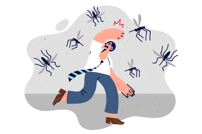 Man runs away from swarm of mosquitoes  Illustration