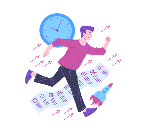 Man runs fast like rocket to get everything done  Illustration