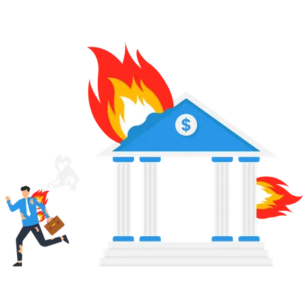 Man runs from burning Bank  Illustration