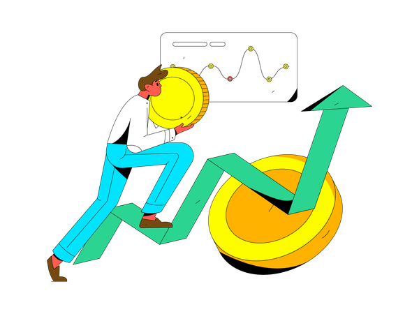 Man runs with coin along growing arrow  Illustration