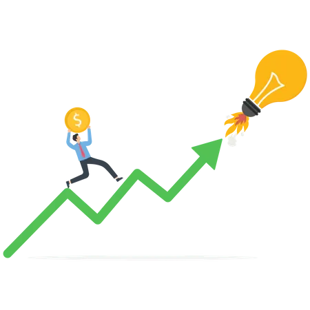 Growth Of Investment Profits Income From Innovations Or New Ideas Innovative Attractiveness Of Projects The Investment Of Funds A Man Runs With A Coin Along The Growing Arrow On Light Bulb Rocket Vector Illustration