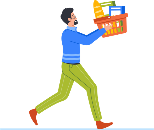 Man Runs With Shopping Cart Full Of Groceries  イラスト