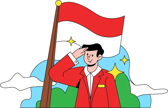 Man salute Indonesian flag  Illustration