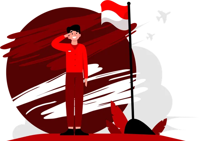 Man salutes Indonesian flag  Illustration