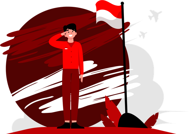 Man salutes Indonesian flag  Illustration
