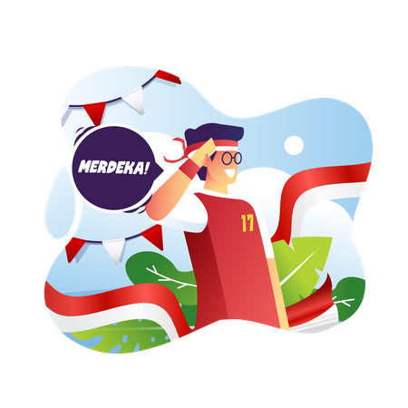 Man saluting Indonesian flag  Illustration
