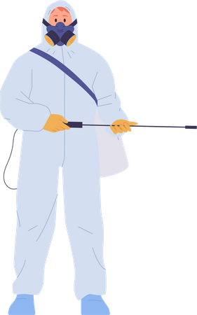 Man sanitary worker in protective overalls on guard of hygiene order and cleanliness  Illustration
