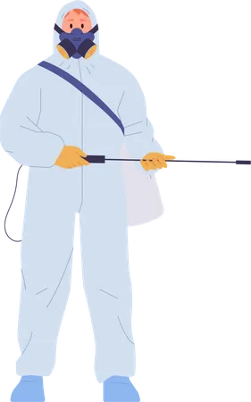 Man sanitary worker in protective overalls on guard of hygiene order and cleanliness  Illustration