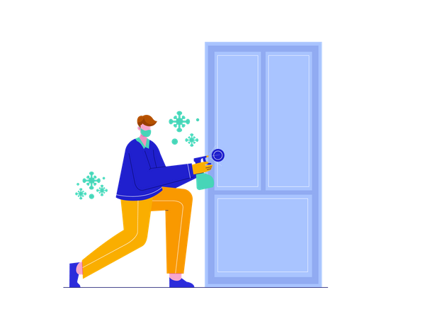 Man sanitizing door  Illustration