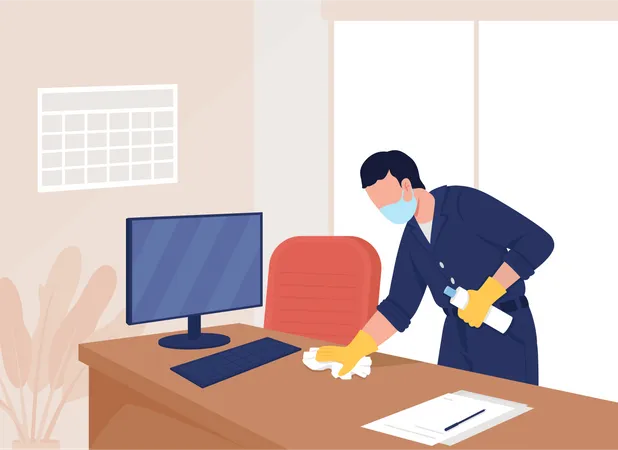 Sanitazing Office Flat Color Vector Illustration Health Precaution Post Covid Quarantine Measures Professional Cleaner At Work 2 D Cartoon Character With Corporate Employee Cabinet On Background Illustration