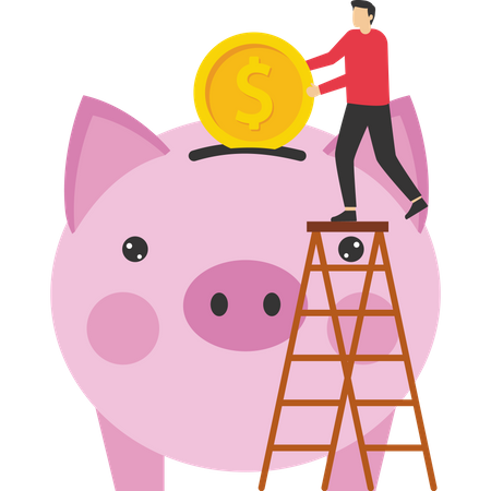 Man Save money in  big piggy bank  Illustration