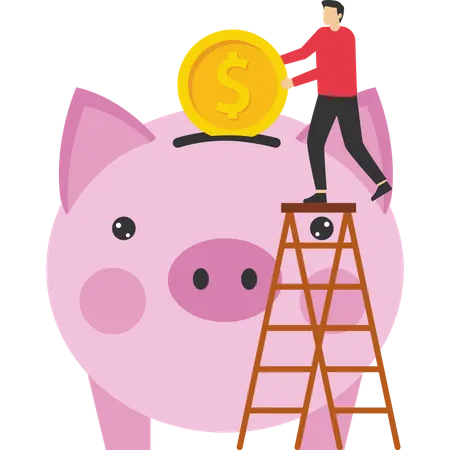 Man Save money in  big piggy bank  Illustration