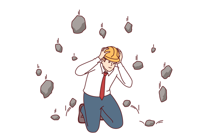 Man saves himself from falling rocks during earthquake by using hardhat to protect head at work  イラスト