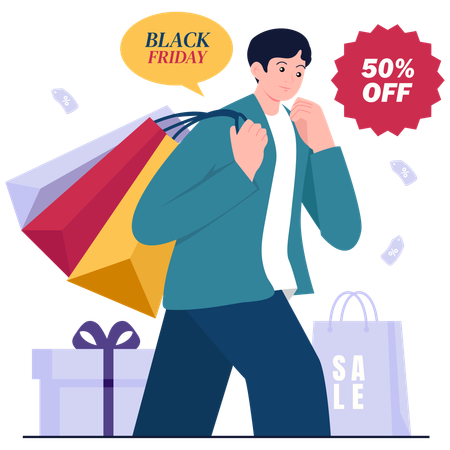 Man saves money from Black Friday Big Savings  Illustration