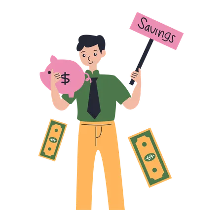 Man saves money in piggy bank  Illustration