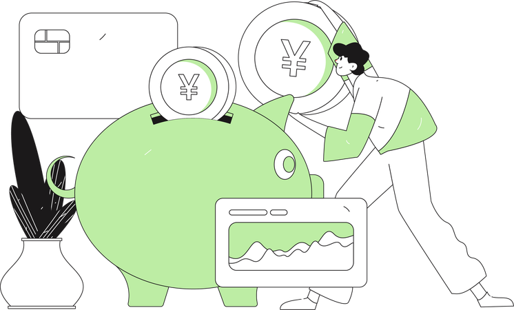 Man saves money in piggy bank  Illustration