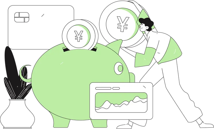 Man saves money in piggy bank  Illustration
