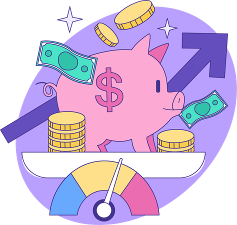 Man saves money in piggy bank  Illustration