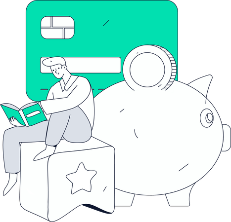 Man saves money in piggy bank  Illustration