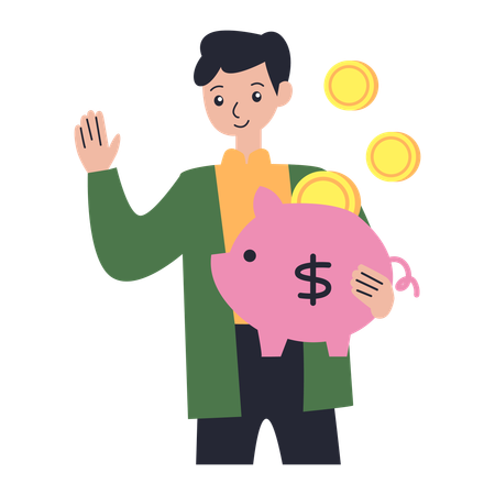 Man saves money Piggy Bank  Illustration